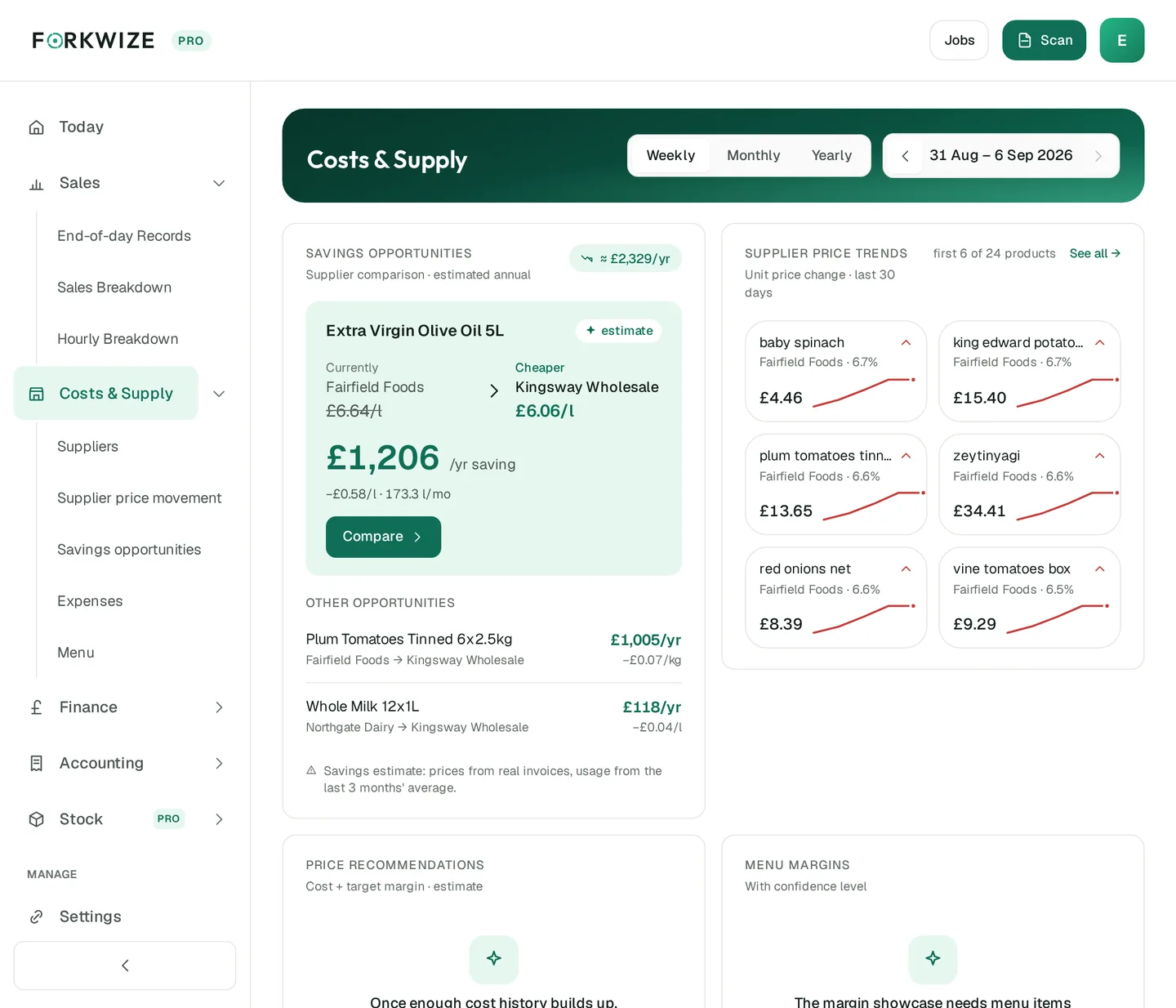 Savings panel: the same olive oil compared per litre between two suppliers (£6.64 a litre against £6.06) with the estimated annual saving of £1,206 underneath.