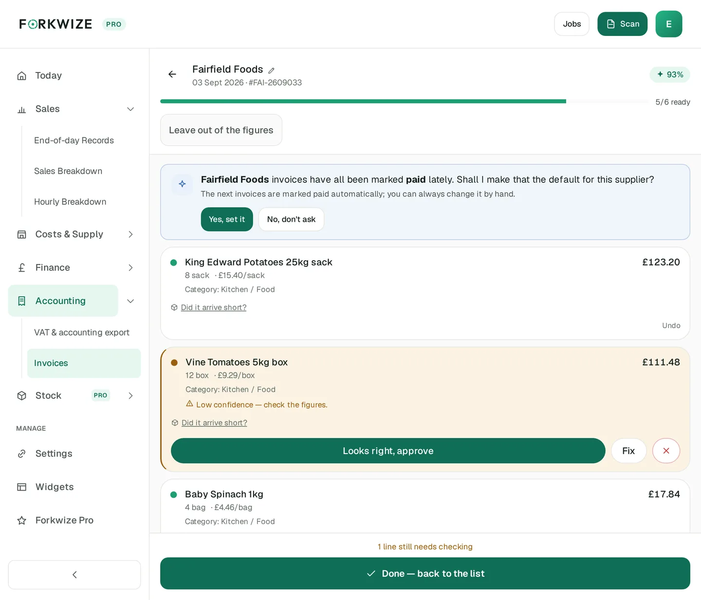 Forkwize invoice approval screen: a delivery invoice read line by line with quantity, unit price and total on each line, one low-confidence line held back for checking.