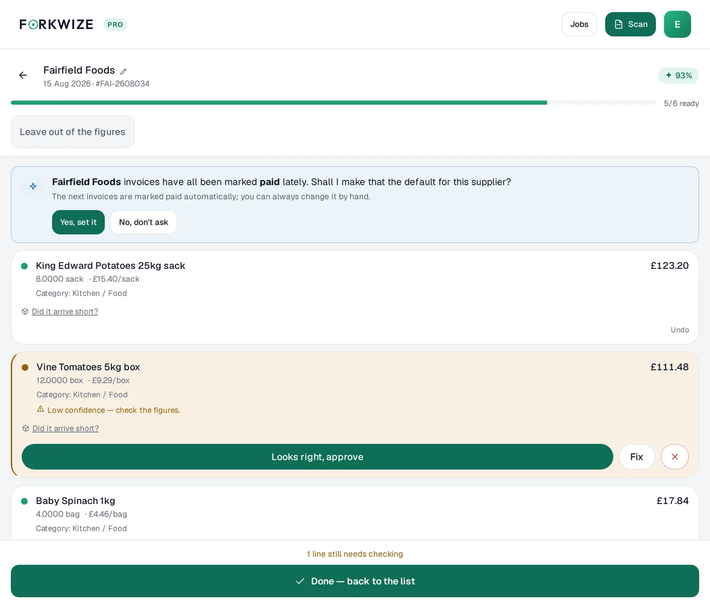 Forkwize invoice approval screen: a delivery invoice read line by line with quantity, unit price and total on each line, one low-confidence line held back for checking.