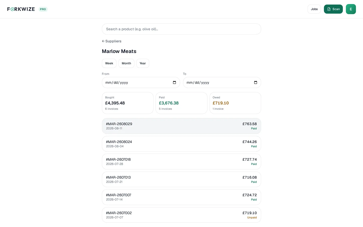 Supplier ledger: bought, paid and owed totals for the period (with the number of invoices behind each), and the period's invoices listed underneath, each one marked paid.