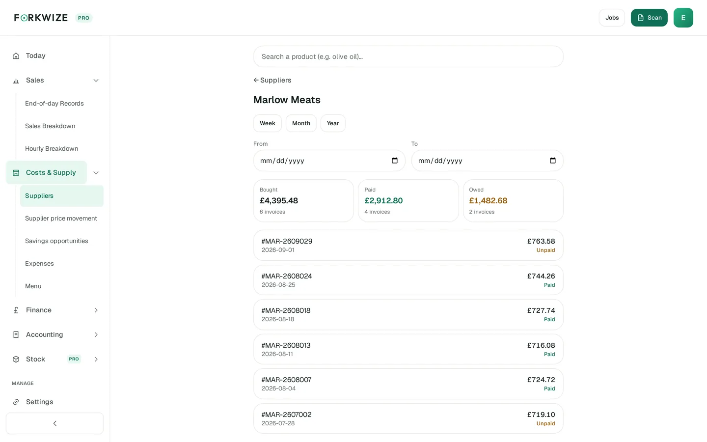 Supplier ledger: bought, paid and owed totals for the period (with the number of invoices behind each), and the period's invoices listed underneath, each one marked paid or unpaid.